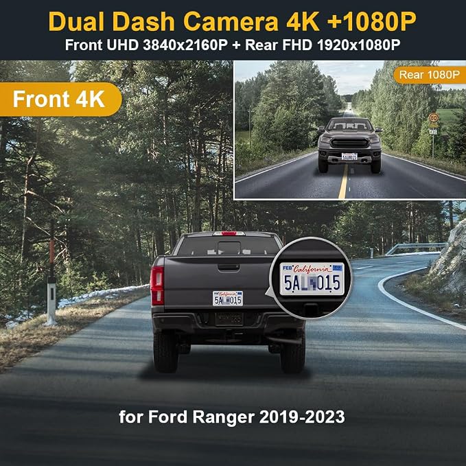 Front 4K+Rear 1080P Dash Cam Adapts for Ford Ranger 2019-2023 XL XLT Lariat (Has Rain Sensor), OEM Look, Built-in WiFi & APP, Dual HD Video, Loop Recording, G-Sensor, Easy to Use, 128GB Card