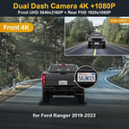 Front 4K+Rear 1080P Dash Cam Adapts for Ford Ranger 2019-2023 XL XLT Lariat (Has Rain Sensor), OEM Look, Built-in WiFi & APP, Dual HD Video, Loop Recording, G-Sensor, Easy to Use, 128GB Card