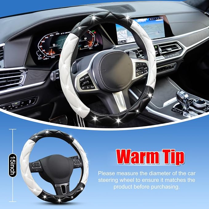 Black and White Steering Wheel Cover, Auto Cute PU Diamond Bling Comfort Leather Car Interior Accessories Protector Sparkly Fit Most O-Shaped Steering Wheels