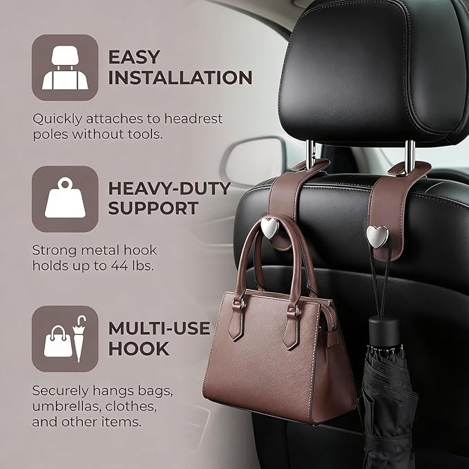 2PCS Car Seat Headrest Hook, Cute Heart Vehicle Backseat Purse Bag Hanger Organizer, Auto Seat Back Storage Holder for Groceries Coats Umbrellas, Universal for Vehicles (Brown)