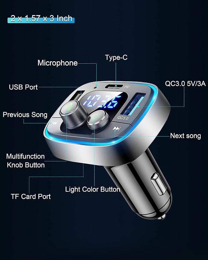 FM Transmitter for Car Bluetooth Adapter 5.4,48W PD+QC Fast Charging,Hands-Free Calling,Streams Spotify/Navigation/Music via Car Radio,Wireless Upgrade Non-Bluetooth Cars,USB-C,USB/TF,12V/24V