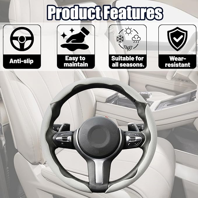 3PCS/Set Car Steering Wheel Cover, Leather Segmented Anti-Slip Automotive Wheel Protector, Soft Breathable Vehicle Steering Protection Covers, Universal Interior Accessories (White)