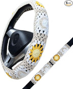 Handmade Crochet White Moon and Sun Car Steering Wheel Covers Universal 14-15 inch for Women and Men (Steer Wheel Cover+ 2 Belt Cover)
