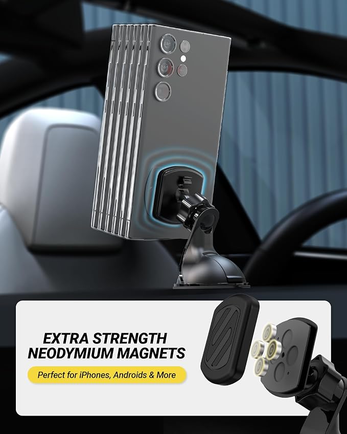 Extra Strength Suction Cup Phone Mount, Magnetic Dashboard/Windshield Mount Cell Phone Holder for Car with 360° Rotation, StickGrip Base & Thick Metal Plate for iPhone and Android, Not MagSafe