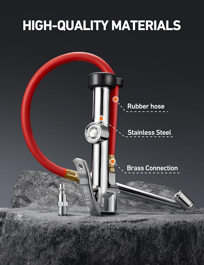 25.6'' Heavy-Duty Tire Pressure Gauge with Inflator, Dual Head Chuck ANSI B40.1 Accurate Tire Inflator with Pressure Gauge, 10-120PSI, Compatible with 1/4" NPT Air Compressor