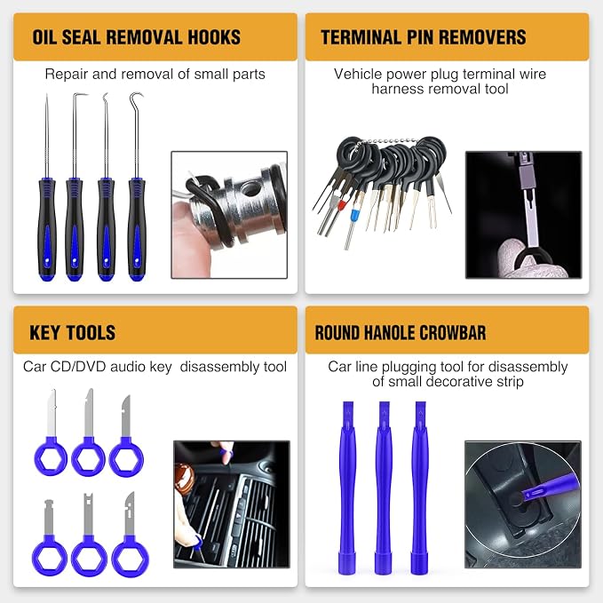 330Pcs Trim Removal Tool, Auto Push Pin Bumper Retainer Clip Set Fastener Terminal Remover Tool Adhesive Cable Clips Pry Kit Car Panel Radio Removal Auto Clip Pliers, Blue