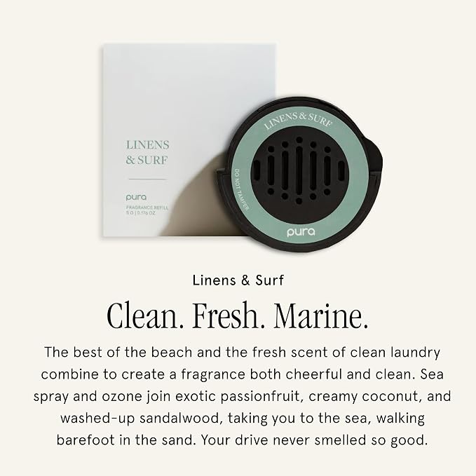 Car Scent Refill - Fragrance for Car Diffuser - Clean & Safe Luxury Diffuser Scent - Long-Lasting Fragrance for 30 Days of Aroma - Linens & Surf
