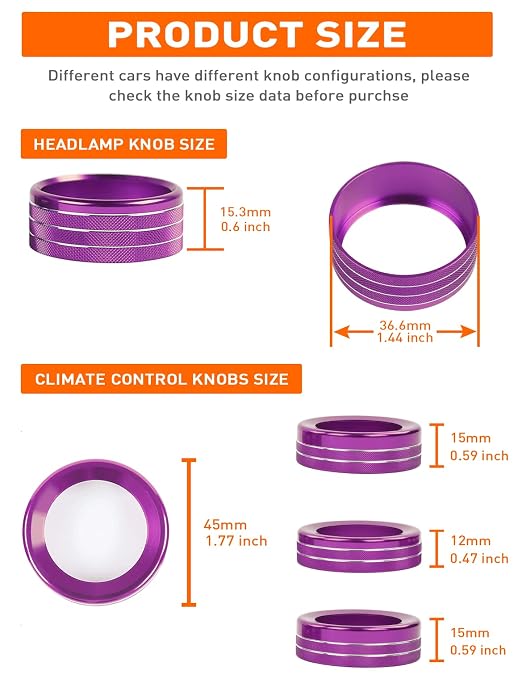 HVAC Climate Control Panel Knob Trim Kit & Light Control Switch Cover, Air Conditioner Knob Aluminum Alloy Ring for 2018-2024 Jeep Wrangler JL JLU & Gladiator JT, Interior Accessories,Purple