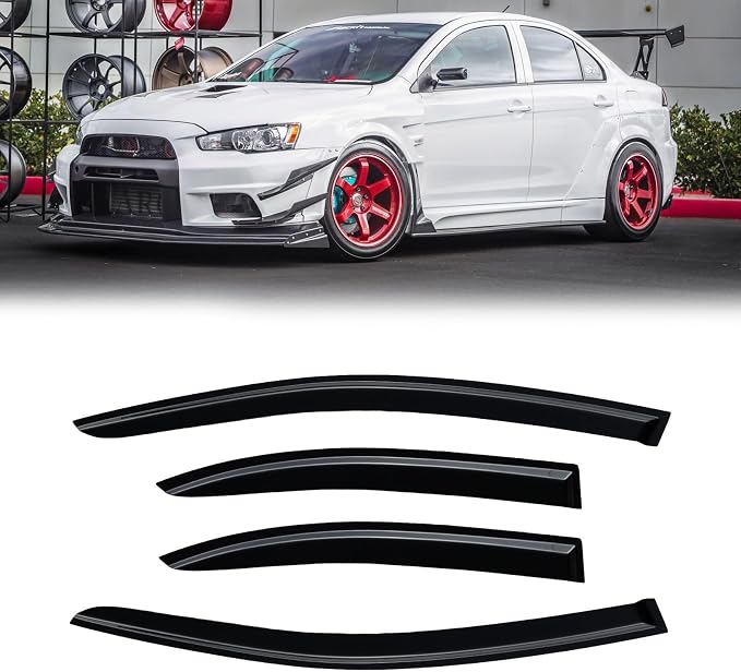 Rain Guards for 2008-2017 Mitsubishi Lancer, Out-Channel Window Visor Shields Vent Deflector Shade Wind Dark Smoke 2009 2010 2011 2012 2013 2014 2015 2016 08 09 10 11 12, Tape-On Outside-Mount, 4PCS