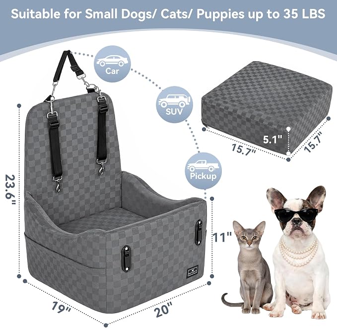 Dog Car Seat for Small/Medium Dogs Up to 35 lbs – Patented Safety System, 5" Memory Foam Pet Booster Car Seat, Fully Detachable and Washable Dog Carseat with 2 Storage Pockets (Grey)