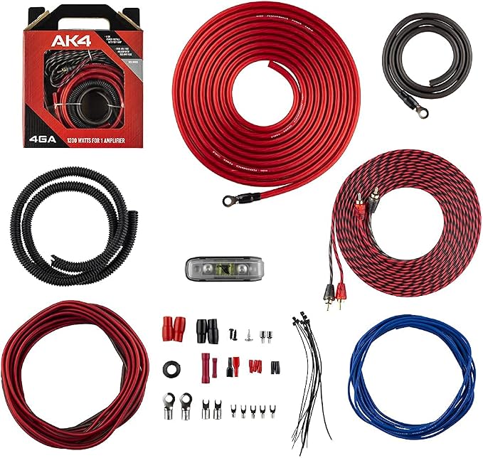 AK4 Complete 4 Gauge CCA Amplifier Installation Wiring Kit - Ampkit Helps Make Connections, Brings Power to Your Radio, Subwoofers, Speakers with Super Flex Wire - 1200W for 1 Amplifier