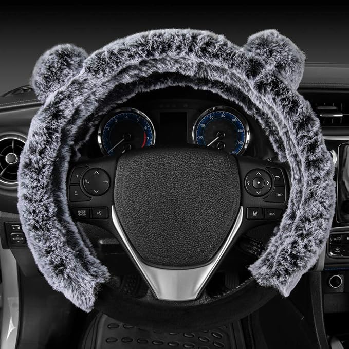 Faux Fur/Wool/Sheepskin Steering Wheel Cover for Women - Cute, Bear Fur, Soft, Fluffy, and Warm, Great for Winter Gray with Ears, 14.5-15