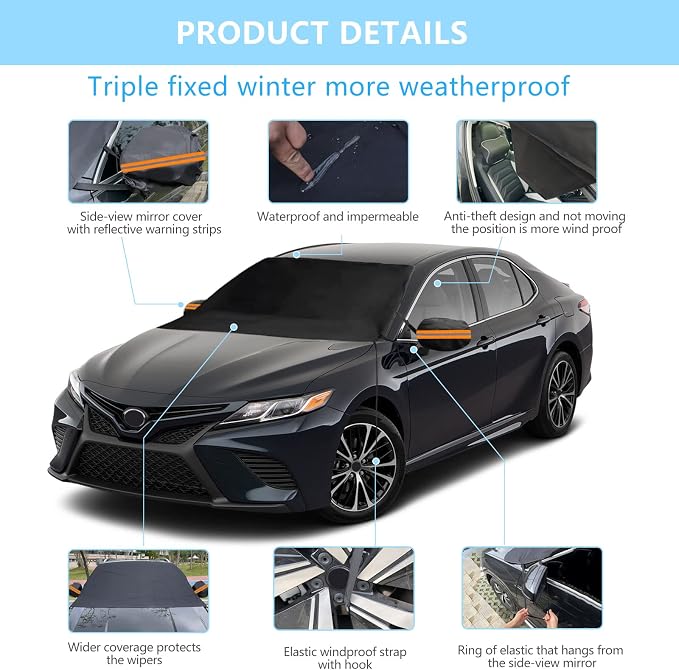 Windshield Cover for Ice and Snow, Car Windshield Snow Cover with Side Mirrors Cover, Thicken Winter Windshield Covers Waterproof Outdoor Covers Fits Most Cars SUVs and Vans (75"x47")