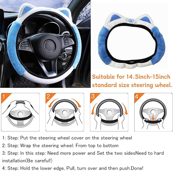 Car Steering Wheel Cover, Fluffy Soft Plush for Winter Warm, Cute Steering Wheel Protector with Kitty Cat Ears, Universal 15 Inch, Elastic & Anti-Slip, Lovely Decor Car Accessories (Blue)
