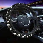 Paw Print Steering Wheel Cover - 15 Inch Black White Dog Paw Steering Wheel Cover Anti-Slip Breathable Universal 2 Pcs Car Interior Cup Holder Pad for Men Women