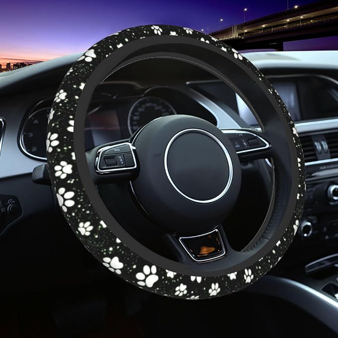 Paw Print Steering Wheel Cover - 15 Inch Black White Dog Paw Steering Wheel Cover Anti-Slip Breathable Universal 2 Pcs Car Interior Cup Holder Pad for Men Women