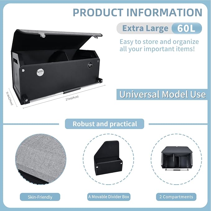 SUV Trunk Organizer, Collapsible Car Trunk Organizer with Lid and Sturdy Handle Car Trunk Leather Storage Box SVU Cargo Storage (Grey, 27.1 x 11.4 x 12.2in)