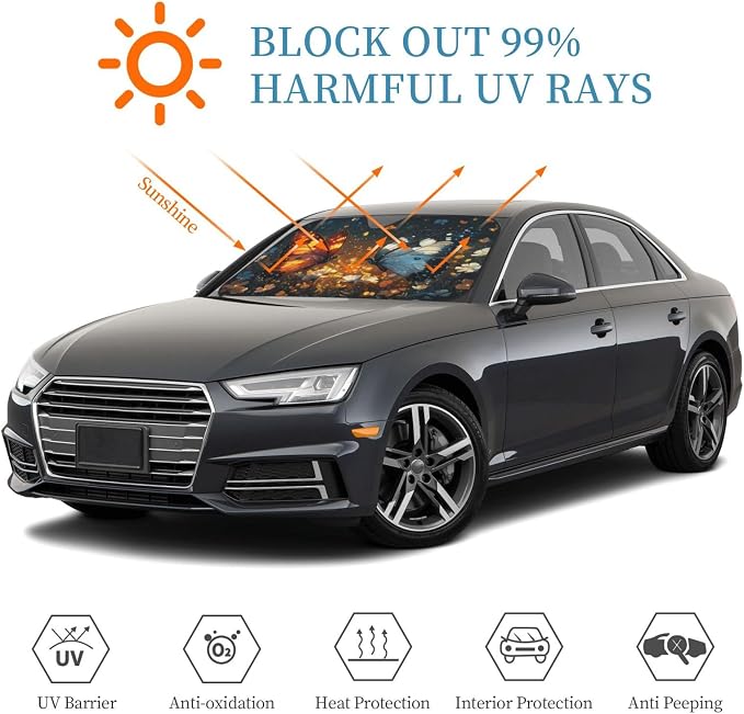 Windshield Sun Shade Butterfly Magic Flower Car Front Window Sunshade Cover for Truck SUV Blocks UV Rays Automotive Visor Interior Protector 51 x 27.5 inch