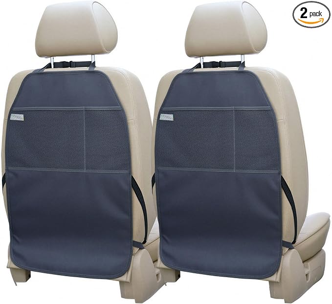 Car Seat Protector Large Kick Mat 2 Pack Durable Water Resistant Auto Seat Back Covers with 2 Mesh Pockets Protection Against Dust Mud Scratches (Dark Gray, 2-Pack)