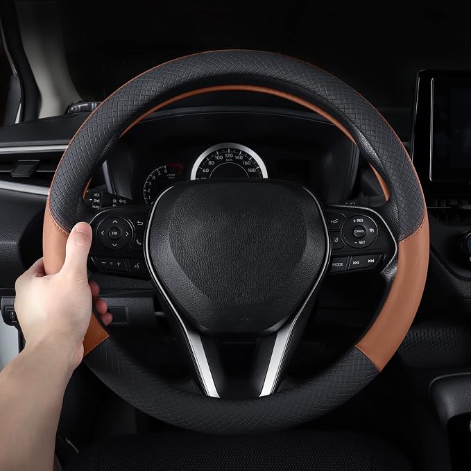 Auto Car Genuine Leather Steering Wheel Cover Anti Slip Wrap 15" (Brown)