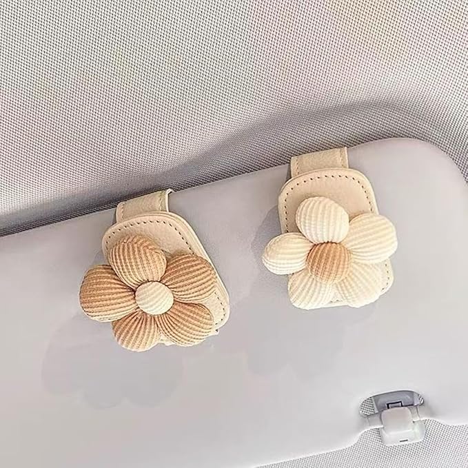 Flower Sunglass Holder for Car Visor – Decorative Sun Visor Clip,Eyeglass Hanger Organizer for Women,Scratch‑Free Glasses Storage Different Size Eyeglasses (Brown Flowers)