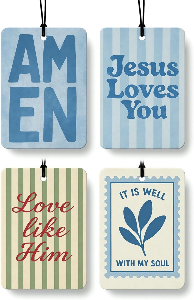 Blue Boho Christian Car Air Freshener 4 Pcs Coconut Scented, Jesus Loves You Car Accessories Mirror Decor, Inspirational Religious Hanging Air Freshener for Cars Closet Drawer Books Kids Room