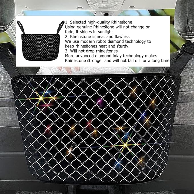 Bling Car Net Pocket Handbag Holder, Rhinestone Vehicle Backseat Purse Organizer Between Seats, Diamond Hanging Storage Bag Barrier of Pet Kids, Universal Automotive Accessories (Black)