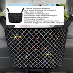 Bling Car Net Pocket Handbag Holder, Rhinestone Vehicle Backseat Purse Organizer Between Seats, Diamond Hanging Storage Bag Barrier of Pet Kids, Universal Automotive Accessories (Black)