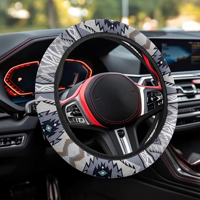 Auto Steering Wheel Cover for Women Men, Universal 15 Inch Soft Elastic Steering Wheel Wrap Anti-Slip Easy to Install Car Accessories, Southwest Aztec Blue Gray