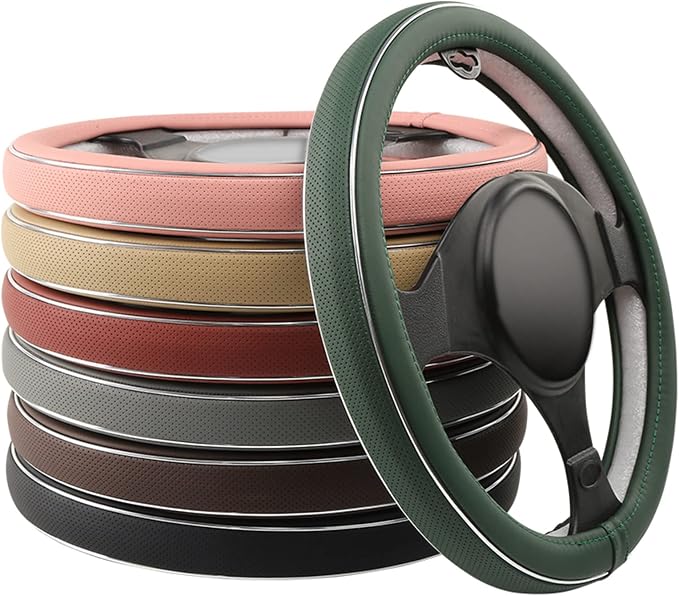 Claret Leather Steering Wheel Cover Fiber Strip Car Steering Wheel Cover Universal 15 inch for Women Girls