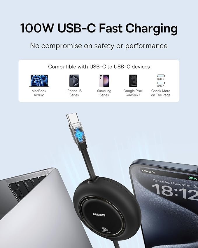 USB C Cable, 100W 2-Pack 6.6ft Retractable USBC to USBC Fast Charging Cable, 7-Stage Length Preset Retractable Type C Cord for iPhone 16 15 Pro Plus Pro Max, MacBook, iPad Pro, Samsung S24/S23