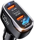 SUNDA 120W USB C Fast Car Charger, 4-Port (2 USB-C + 2 USB A) PD 3.0/60W, PPS QC 3.0, Charging for Family & Road Trip, Cigarette Lighter Adapter for iPhone/Samsung Galaxy/Google Pixel/iPad