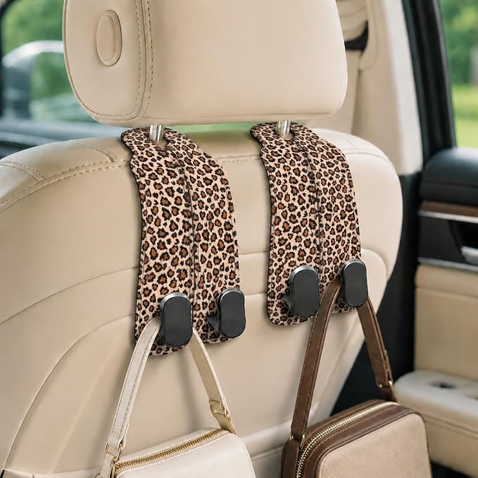 Cute Leopard Car Seat Back Storage Headrest Hooks for Purses & Bags – 2PCS PU Leather Dual Metal Hooks, Backseat Organizer Accessories
