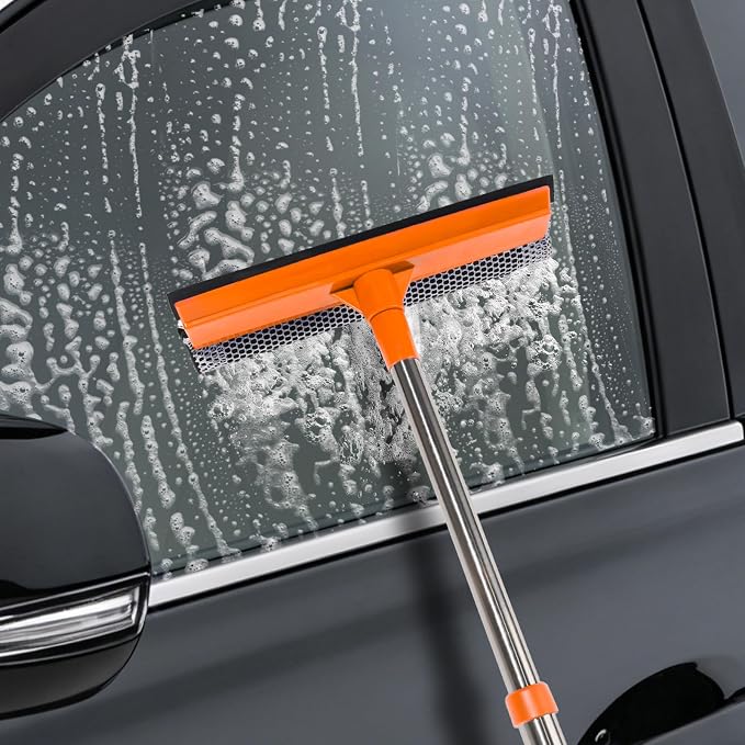 2 in 1 Car Windshield Squeegees with 15.3"-23.6" Retractable Stainless Steel Handle, Windshield Cleaner Tool for Cars, Trucks, Glass Doors, Shower Glass, Outdoor Windows, Orange