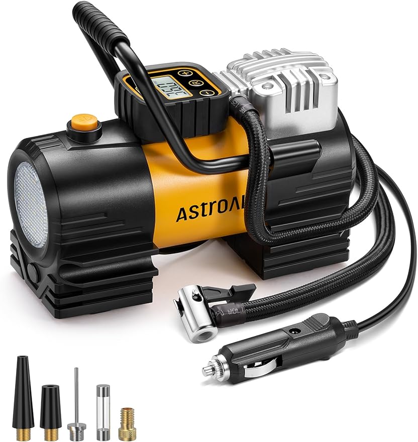 Tire Inflator Portable Air Compressor 150 PSI 12V DC Tire Pump with Digital Gauge Auto Shut-Off Fast Inflation, Ultra-Bright 12 LED Emergency Light for Car, Motorcycle, Bike, Ball, Inflatables