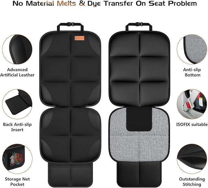 Non-Slip Backing Backseat Car Organizer Kick Mat with Storage Pockets, Large Waterproof Baby Car Seat Protector for Leather and Fabric (Black)