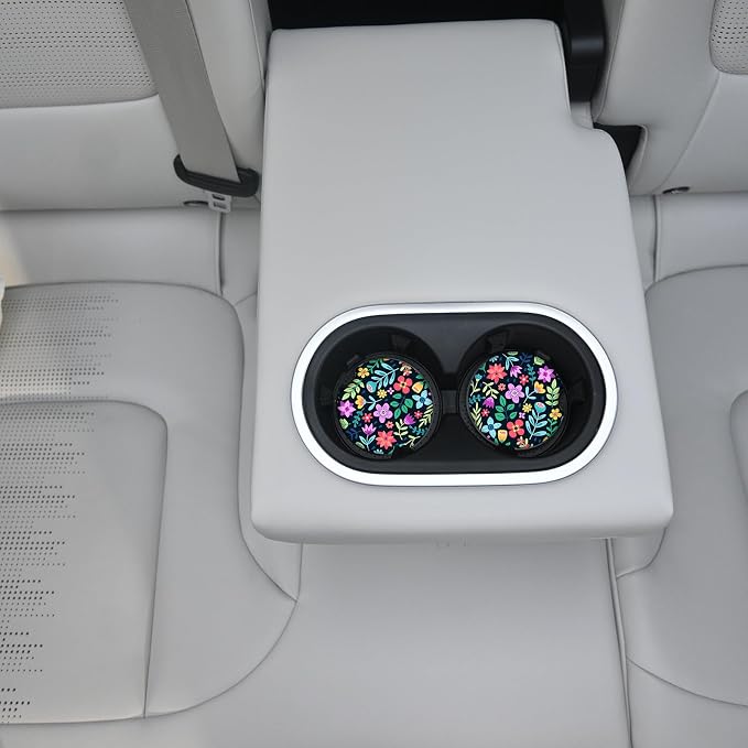 Cute Flowers Ceramic Cup Holders - Pack of 2, Keep Cup Holders Clean and Dry, Drink Cup Car Holder Coasters with A Finger Notch