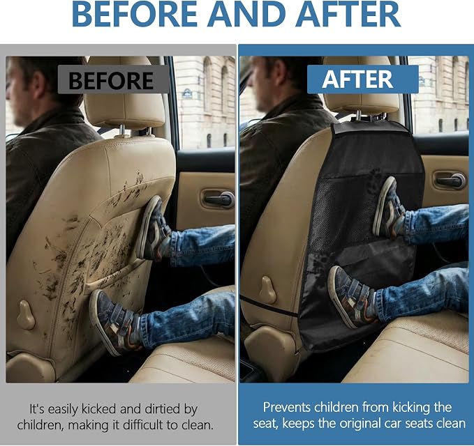 2PCS Kick Mats Back Seat Protector, Waterproof Oxford Car Front Seatback Protector for Kids, Seat Back Kick Mat Organizer with 2 Mesh Pockets, Universal Car Accessories (Leather-Pocket)