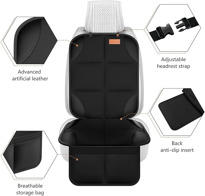 Car Seat Protector [1 Pack] Large Auto Protector for Child Seats with Thickest Padding and Non-Slip Backing Mesh Pockets for SUV, Sedan, Truck, Leather and Fabric - Black