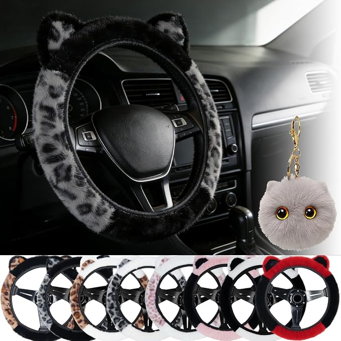 Leopard Fluffy Car Steering Wheel Cover with Keychain 14-15 inch Gray Black | Cute Steering Wheel Covers with Ears Keychain Universal Elastic Steering Wheel Protector Accessories for Women Girls