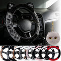 Leopard Fluffy Car Steering Wheel Cover with Keychain 14-15 inch Gray Black | Cute Steering Wheel Covers with Ears Keychain Universal Elastic Steering Wheel Protector Accessories for Women Girls