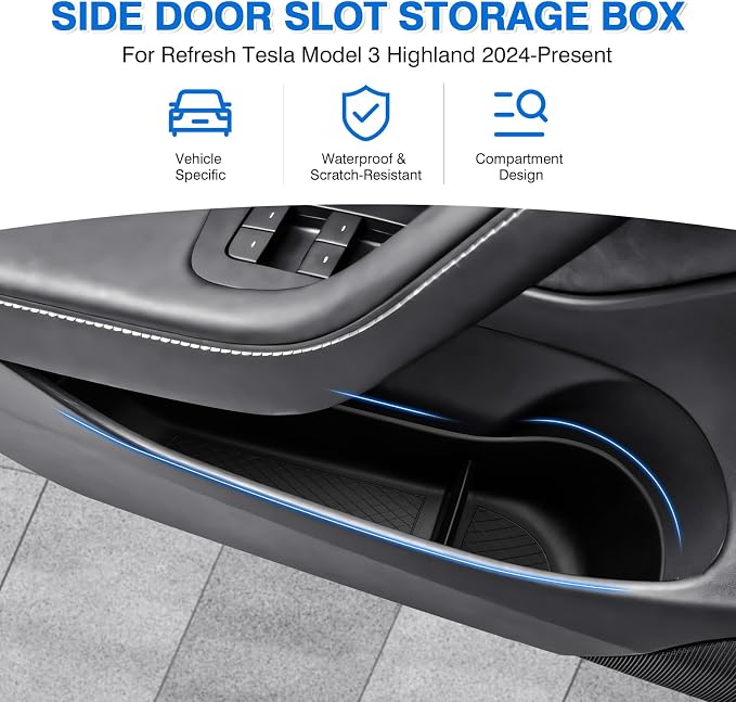 Door Side Storage Box and Trash Can for 2024 2025 2026 Refresh Tesla Model 3 Highland Accessories Front Rear Door Insert Slot Storage Tray Organizer Protector Garbage Bin with Trash Bags 6PCS