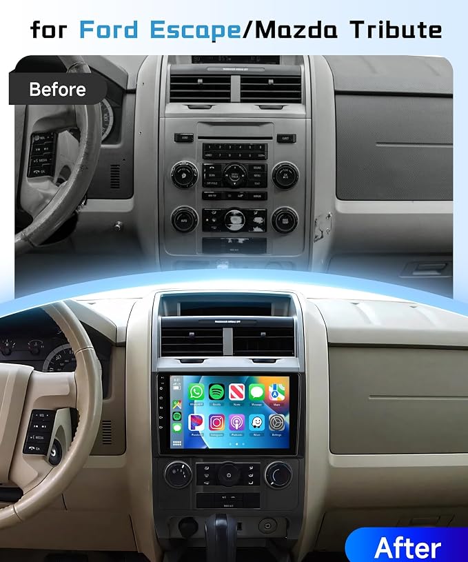 4G+128G Car Radio Stereo for Ford Escape/Mazda Tribute 2007-2012, 9inch HD in-Cell Touch Screen/Android 15/Wireless CarPlay/Android Auto/GPS/WiFi/5.0Bluetooth/FM/SWC/AHD Camera