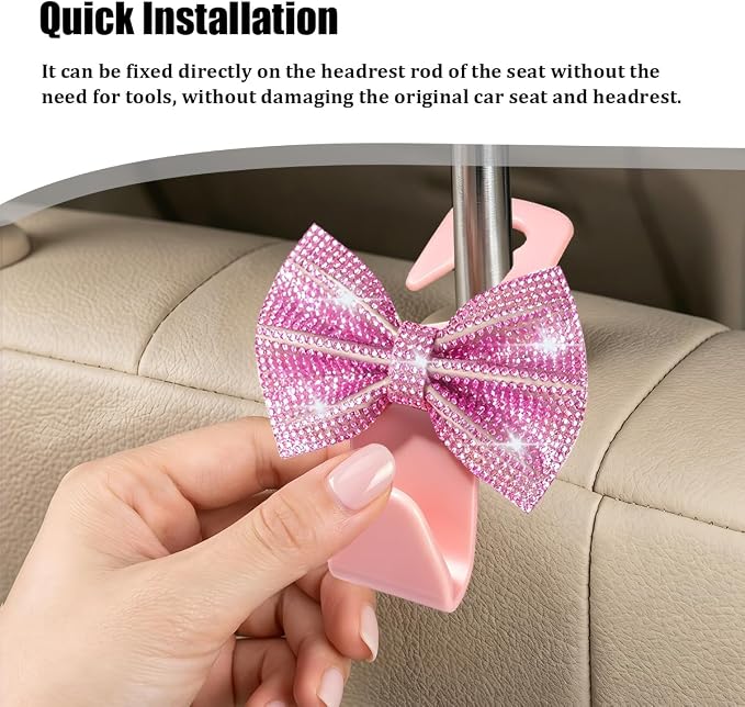 2PCS Bling Bow Car Seat Headrest Hooks, Crystal Rhinestone Vehicle Rear Seat Hanging Storage Hooks for Purses Bags Coats, Auto Headrest Storage Organizer, Universal Fit (Pink)