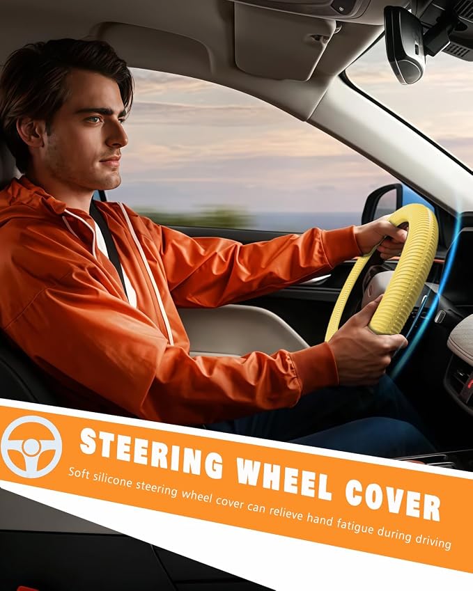 Car Steering Wheel Cover, Thin Anti-Skid Silicone Steering Wheel Cover for Men & Women, Universal Automotive Interior Accessories for Most Cars (Bright Yellow)