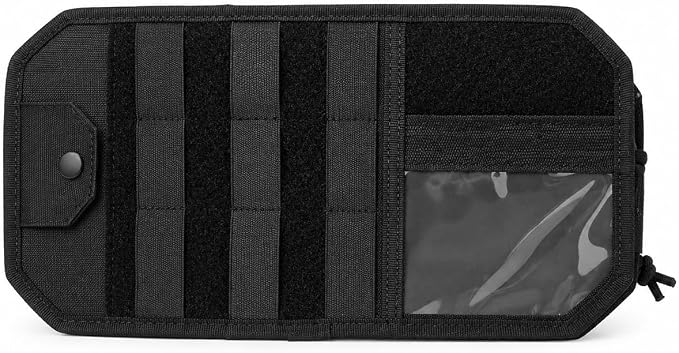Car Sun Visor Organizer, Black Nylon MOLLE Panel | black nylon pouch with a MOLLE panel, strap-on organizer format, for cards, pens, small tools, and flat accessories