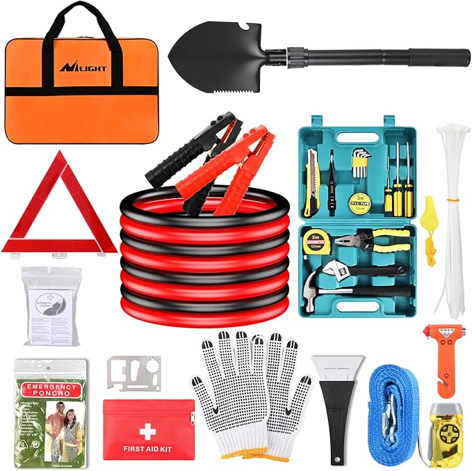 Car Emergency Kit with Jumper Cable, First Aid Kit Safety Assistance Tools for Travel Camping Outdoor Cars Truck SUV RV, Roadside Essentials with Flash Light