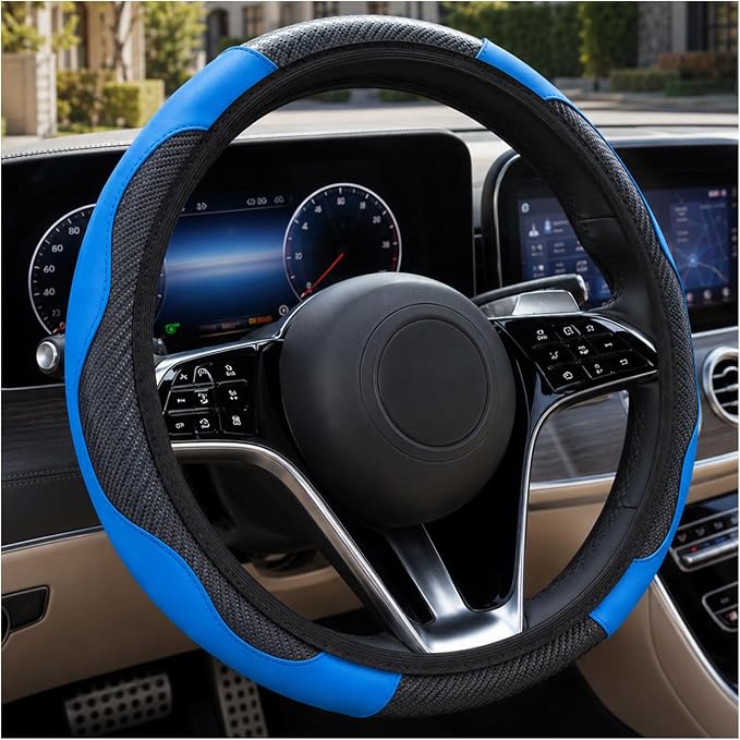 Car Steering Wheel Cover 15 inch, Microfiber PU Leather Elastic Steering Wheel Protector, Anti-Slip Breathable Car Interior Accessories for Most Cars (Blue)