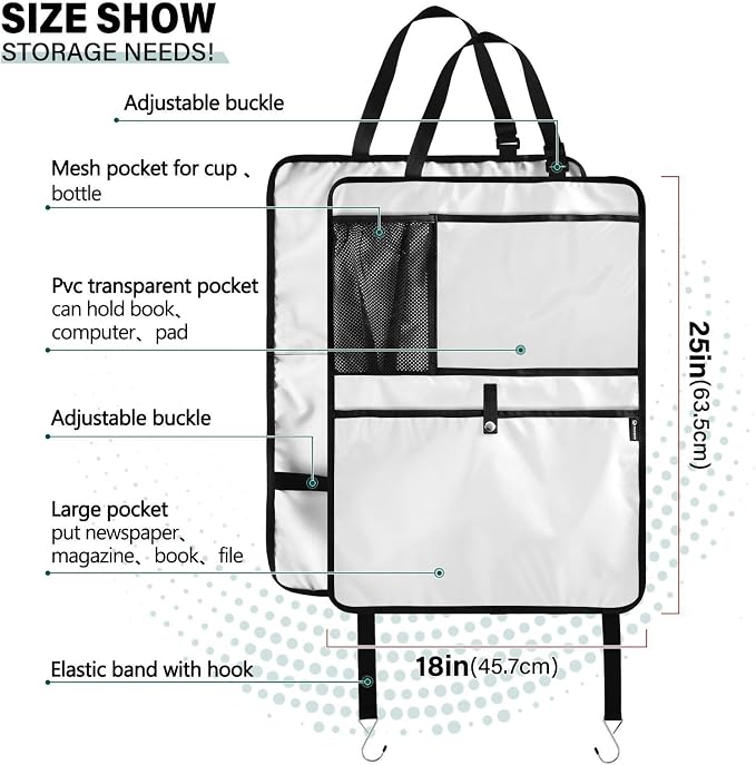 White Car Seat Organizer for Kids Backseat Kick Mat with Adjustable Strap Back Seat Protectors for Car Vehicle SUV 2 Pcs