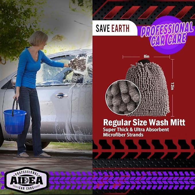 AIDEA Car Wash Mitt Microfiber, 2PK, Car Wash Brush, Grey, 8' X12'' | Scratch Free Lint Free Premium Chenille Microfiber Mitt, Cleaning Supplies, Extra Large Size